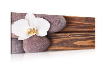 WANDBILD WELLNESS-STEINE UND ORCHIDEE AUF HÖLZERNEM HINTERGRUND - BILDER MIT FENG SHUI-MOTIVEN - BILDER