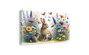 OBRAZ KRÁLÍČCI V JARNÍ KVĚTINOVÉ LOUCE - DĚTSKÉ OBRAZY ZVÍŘÁTKA - OBRAZY