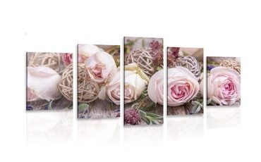 TABLEAU EN 5 PARTIES – COMPOSITION FLORALE FESTIVE DE ROSES - TABLEAUX DE FLEURS - TABLEAUX