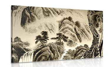 WANDBILD CHINESISCHE LANDSCHAFTSMALEREI IN SEPIA - SCHWARZ-WEISSE BILDER - BILDER