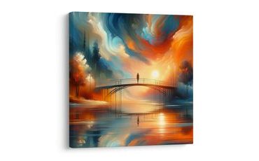 OBRAZ ZACHÓD SŁOŃCA NAD RZEKĄ Z MOSTEM - OBRAZY WSCHODU I ZACHODU SŁOŃCA - OBRAZY