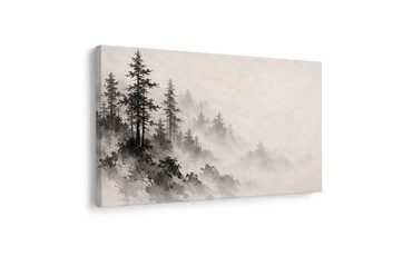 TABLEAU SUR TOILE – FORÊT DE MONTAGNE BRUMEUSE À L’ENCRE - TABLEAUX FORÊT - TABLEAUX