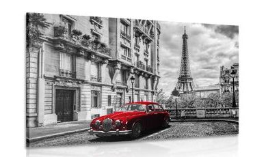 CANVAS PRINT RED RETRO CAR IN PARIS - PICTURES OF CITIES - PICTURES