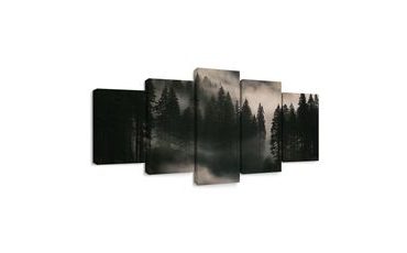TABLEAU EN 5 PARTIES – FORÊT DE CONIFÈRES DANS LA BRUME - TABLEAUX FORÊT - TABLEAUX