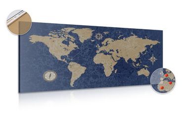 DECORATIVE PINBOARD WORLD MAP WITH A COMPASS IN RETRO STYLE ON A BLUE BACKGROUND - PICTURES ON CORK - PICTURES
