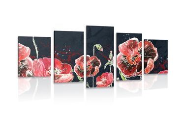 5-PIECE CANVAS PRINT RED POPPIES ON A BLACK BACKGROUND - PICTURES FLOWERS - PICTURES