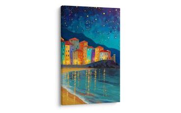 OBRAZ MĚSÍČNÍ ZÁŘE NAD MĚSTEM - BAREVNÉ DOMY - OBRAZY