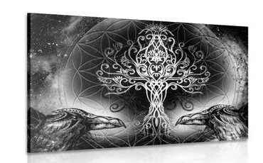 CANVAS PRINT RAVENS AND THE TREE OF LIFE IN BLACK AND WHITE - BLACK AND WHITE PICTURES - PICTURES