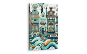 OBRAZ MALEBNÉ FASÁDY DOMŮ U VODY S LODĚMI - OBRAZY MĚSTA - OBRAZY