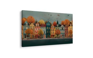 OBRAZ PODZIMNÍ KOUZLO MĚSTSKÉ ULICE - BAREVNÉ DOMY - OBRAZY