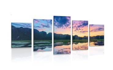 IMPRESSION SUR TOILE EN 5 PARTIES COUCHER DE SOLEIL ROMANTIQUE DANS LES MONTAGNES - IMPRESSION SUR TOILE DE NATURE ET PAYSAGE - IMPRESSION SUR TOILE