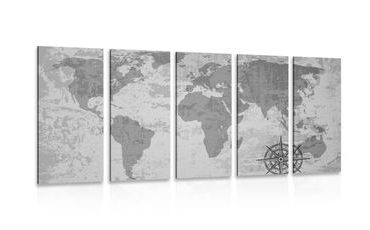 5-PIECE CANVAS PRINT OLD WORLD MAP WITH A COMPASS IN BLACK AND WHITE - PICTURES OF MAPS - PICTURES