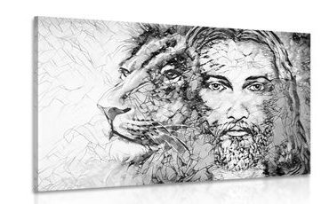 CANVAS PRINT ALMIGHTY WITH A LION IN BLACK AND WHITE - BLACK AND WHITE PICTURES - PICTURES