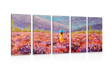 IMPRESSION SUR TOILE EN 5 PARTIES FILLE EN ROBE JAUNE DANS UN CHAMP DE LAVANDE - IMPRESSION SUR TOILE DE NATURE ET PAYSAGE - IMPRESSION SUR TOILE