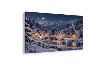 TABLEAU SUR TOILE – VILLAGE DE MONTAGNE ENNEIGÉ DE NUIT - TABLEAUX DE NOËL ET D’HIVER - TABLEAUX