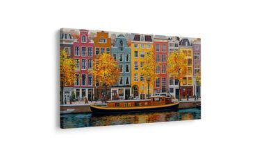 OBRAZ PODZIMNÍ KANÁLY AMSTERDAMU - BAREVNÉ DOMY - OBRAZY