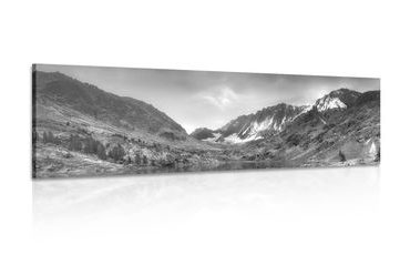 CANVAS PRINT MAJESTIC MOUNTAINS WITH A LAKE IN BLACK AND WHITE - BLACK AND WHITE PICTURES - PICTURES
