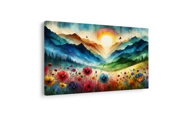 WANDBILD BERGE IN REGENBOGENFARBEN MIT WIESE - WANDBILDER FELDER UND WIESEN - BILDER