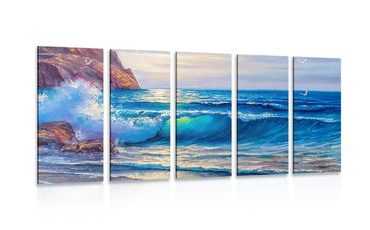 QUADRO IN 5 PARTI ONDE DEL MARE SULLA COSTA - QUADRI DI NATURA E PAESAGGIO - QUADRI