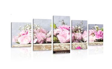 5-PIECE CANVAS PRINT CARNATION FLOWERS IN A WOODEN BOX - VINTAGE AND RETRO PICTURES - PICTURES