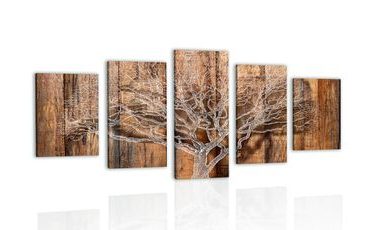 5-PIECE CANVAS PRINT TREE WITH THE IMITATION OF A WOODEN BASE - PICTURES OF NATURE AND LANDSCAPE - PICTURES