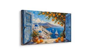 WANDBILD KÜSTE VON SANTORINI MIT ORANGEN - BILDER MEER UND STRAND - BILDER
