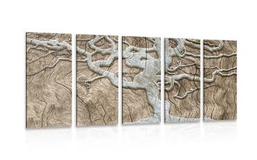 5-PIECE CANVAS PRINT ABSTRACT TREE ON WOOD IN BEIGE DESIGN - PICTURES OF TREES AND LEAVES - PICTURES