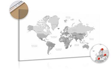 DECORATIVE PINBOARD BLACK AND WHITE MAP OF THE WORLD IN A VINTAGE LOOK - PICTURES ON CORK - PICTURES