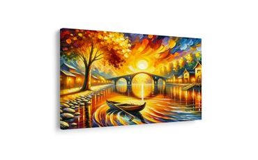 OBRAZ PODZIMNÍ KRAJINA S LODÍ - OBRAZY VÝCHOD A ZÁPAD SLUNCE - OBRAZY