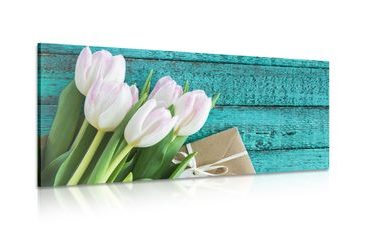 CANVAS PRINT BOUQUET OF TULIPS AND AN ENVELOPE - PICTURES FLOWERS - PICTURES