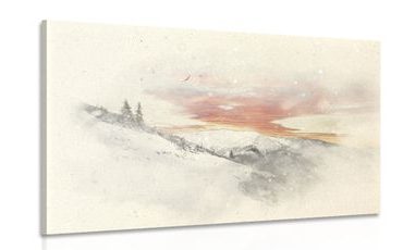 PICTURE SUNSET OVER SNOWY MOUNTAINS - PICTURES IMITATION OF OIL PAINTINGS - PICTURES