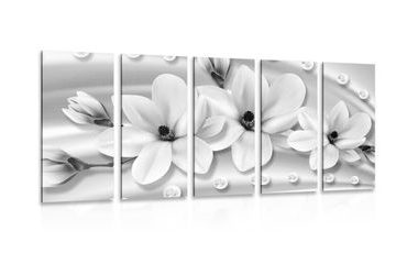 QUADRO IN 5 PARTI MAGNOLIA CON PERLE IN BIANCO E NERO - QUADRI BIANCO E NERO - QUADRI