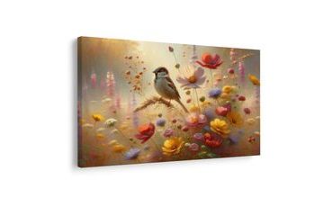 QUADRO SU TELA – PASSERO NEL GIARDINO FIORITO - QADRI DI UCCELLI - STAMPE E QUADRI