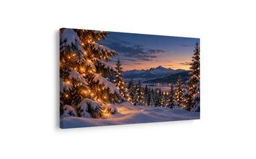 TABLEAU SUR TOILE – PAYSAGE HIVERNAL ILLUMINÉ - TABLEAUX DE NOËL ET D’HIVER - TABLEAUX