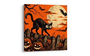 QUADRO SU TELA – GATTO DI HALLOWEEN TRA LE ZUCCHE - QUADRI HALLOWEEN E HORROR - STAMPE E QUADRI
