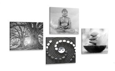 CANVAS PRINT SET FENG SHUI IN BLACK AND WHITE STYLE - SET OF PICTURES - PICTURES