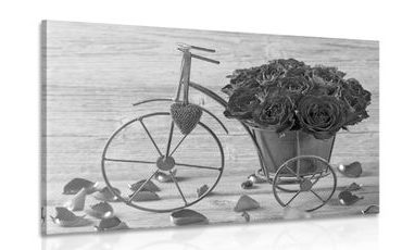 CANVAS PRINT BIKE FULL OF ROSES IN BLACK AND WHITE - BLACK AND WHITE PICTURES - PICTURES