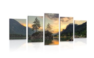 QUADRO IN 5 PARTI PAESAGGIO MONTAGNOSO PRESSO LAGO - QUADRI DI NATURA E PAESAGGIO - QUADRI