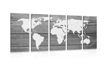 5-PIECE CANVAS PRINT BLACK AND WHITE WORLD MAP WITH A WOODEN BACKGROUND - PICTURES OF MAPS - PICTURES
