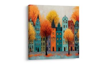OBRAZ PODZIMNÍ ULICE S PESTRÝMI STROMY - BAREVNÉ DOMY - OBRAZY