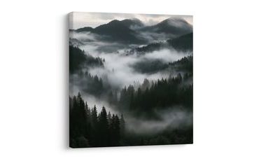 TABLEAU SUR TOILE – MONTAGNES SOMBRES AU-DESSUS DE LA BRUME FORESTIÈRE - TABLEAUX FORÊT - TABLEAUX