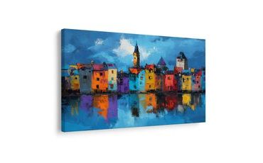 OBRAZ BAREVNÁ MĚSTSKÁ PANORÁMA - BAREVNÉ DOMY - OBRAZY