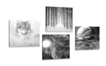 ENSEMBLE DE TABLEAUX – LOUP MYSTÉRIEUX EN NOIR ET BLANC - ENSEMBLES D'IMAGES - TABLEAUX