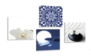 CANVAS PRINT SET FENG SHUI IN WHITE-BLUE DESIGN - SET OF PICTURES - PICTURES