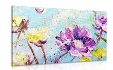OBRAZ MALOVANÉ FIALOVÉ A ŽLUTÉ KVĚTY - OBRAZY KVĚTŮ - OBRAZY