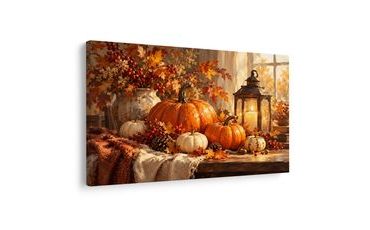 QUADRO SU TELA – ZUCCHE AUTUNNALI E LANTERNA CALDA - QUADRI HALLOWEEN E HORROR - STAMPE E QUADRI
