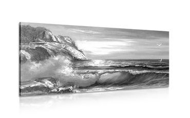 CANVAS PRINT SEA WAVES ON THE COAST IN BLACK AND WHITE - BLACK AND WHITE PICTURES - PICTURES