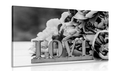 WANDBILD PFINGSTROSEN MIT AUFSCHRIFT LOVE IN SCHWARZ-WEISS - SCHWARZ-WEISSE BILDER - BILDER