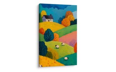 WANDBILD BUNTE HÜGEL MIT HAUS - WANDBILDER FELDER UND WIESEN - BILDER