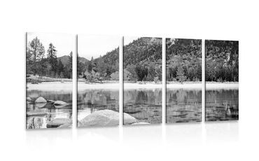 5-PIECE CANVAS PRINT LAKE IN BEAUTIFUL NATURE IN BLACK AND WHITE - BLACK AND WHITE PICTURES - PICTURES